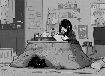 1girl alarm_clock calendar_(object) clock food fore_(va-11_hall-a) greyscale indoors jill_stingray kotatsu long_hair monochrome pillow poster_(object) table television va-11_hall-a yamaso