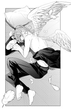 1boy bare_back barefoot feathered_wings kanae_(nijisanji) lying mkmmbangaze nijisanji on_side pants sweat virtual_youtuber wings