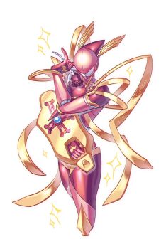 Rule 34 | armor, confeito000 333, cowboy shot, digimon, digimon (creature), helmet, highres, lordknightmon, pink armor, pink helmet, ribbon, simple background, solo, sparkle, white background, yellow ribbon