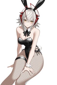 1girl animal_ears antenna_hair arknights bare_shoulders black_bow black_bowtie black_leotard bow bowtie breasts crossed_bangs detached_collar fake_animal_ears feet_out_of_frame fishnet_pantyhose fishnets grey_hair highres horns invisible_chair leotard looking_at_viewer medium_breasts multicolored_hair pantyhose paszuto playboy_bunny rabbit_ears red_hair red_horns short_hair simple_background sitting solo strapless strapless_leotard thigh_strap two-tone_hair w_(arknights) white_background wrist_cuffs yellow_eyes
