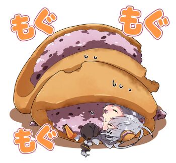 1girl :t antenna_hair black_jacket black_shoes braid brown_eyes chibi closed_mouth colored_shadow commentary_request eating food food_on_face food_request grey_hair hair_between_eyes highres in_food jacket kizuna_akari long_hair long_sleeves milkpanda mini_person minigirl orange_pantyhose pantyhose puffy_long_sleeves puffy_sleeves shadow shoes simple_background sleeves_past_fingers sleeves_past_wrists solid_oval_eyes solo striped_clothes striped_pantyhose translation_request vertical-striped_clothes vertical-striped_pantyhose very_long_hair voiceroid wavy_mouth white_background