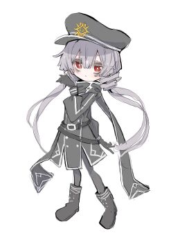 1girl bags_under_eyes belt black_boots black_pantyhose black_scarf boots collared_dress commentary_request crest deformed dress drill_hair drill_sidelocks duel_monster full_body gloves grey_hair grey_hat hair_between_eyes hat highres jigenshin long_hair looking_at_viewer military_hat military_uniform pantyhose peaked_cap red_eyes scarf sidelocks simple_background sky_striker_ace_-_roze solo twintails two-tone_dress white_background yu-gi-oh!