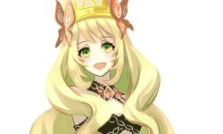 Rule 34 | 1girl, blonde hair, butterfly hair ornament, celine (fire emblem), cross-laced clothes, cross-laced dress, crown, fire emblem, fire emblem engage, green eyes, hair ornament, long hair, meegon01, nintendo, open mouth, orange gemstone, princess, smile, solo, white background