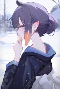 1girl absurdres bare_tree black_kimono blue_eyes blush breath commentary ear_blush english_commentary floral_print floral_print_kimono gradient_hair hair_bun highres hololive hololive_english japanese_clothes kimono koahri long_sleeves looking_at_viewer mole mole_under_eye multicolored_hair nail_polish nape ninomae_ina'nis obi orange_hair outdoors pointy_ears print_kimono purple_hair ribbon sash sidelocks single_hair_bun snow solo tentacle_hair tentacles tree upper_body virtual_youtuber white_sash