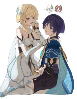 1boy 3girls ;p absurdres anemo_symbol_(genshin_impact) aqua_flower arm_cutout armor artist_name bare_shoulders belt black_belt black_gloves black_horns black_shorts blonde_hair blue_cape blue_gemstone blue_trim blunt_ends blush breasts bridal_gauntlets brown_eyes cape cleavage clothing_cutout curled_fingers detached_sleeves disembodied_head dress eyelashes eyeliner eyeshadow fake_horns feathers fingerless_gloves fingernails flower gem genshin_impact girl_on_top gloves gold gold_ring gold_trim hair_flower hair_intakes hair_ornament halterneck hand_up highres horns japanese_armor japanese_clothes kimono kote kurokote leaf leaf_hair_ornament long_hair looking_at_another lumine_(genshin_impact) makeup middle_ring multicolored_flower multiple_girls nahida_(genshin_impact) nee_madiiiii nilou_(genshin_impact) one_eye_closed open_hand open_mouth pointy_ears pom_pom_(clothes) purple_eyes purple_hair purple_rope purple_sash red_eyeliner red_eyeshadow red_hair rope sash scaramouche_(genshin_impact) scarf short_hair short_hair_with_long_locks shorts side_ponytail sidelocks straddling sweatdrop thighhighs tongue tongue_out upright_straddle v-shaped_eyebrows vambraces veil vision_(genshin_impact) wanderer_(genshin_impact) white_background white_dress white_flower white_hair white_kimono white_scarf white_sleeves white_thighhighs white_veil yellow_feathers