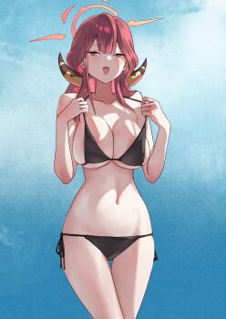 1girl :d alternate_costume areola_slip aru_(blue_archive) bare_shoulders bikini bikini_top_pull black_bikini blue_archive blue_background blunt_bangs blush breasts cleavage collarbone commentary_request cowboy_shot demon_girl demon_horns eyelashes gloves green_background halo hands_up highres holding_strap horns jacket large_breasts long_hair looking_at_viewer navel noomaru_(nomorepeople) open_mouth paid_reward_available pink_eyes pink_hair pink_halo side-tie_bikini_bottom sidelighting sidelocks simple_background skindentation smile solo stomach strap_pull swimsuit thigh_gap thighs tsurime underboob unworn_jacket white_gloves