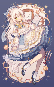 Rule 34 | 1girl, blonde hair, blue dress, blue hat, blue sailor collar, blue shoes, blush, book, bow, bowtie, candle, capelet, commentary request, commission, double-parted bangs, dress, full body, green eyes, hat, high heels, highres, holding, holding book, hoshifuru akiyo, long hair, long sleeves, looking at viewer, musical staff, open book, open mouth, original, sailor collar, shoes, skeb commission, smile, socks, solo, treble clef, twitter username, watermark, white capelet, white socks, yellow bow, yellow bowtie