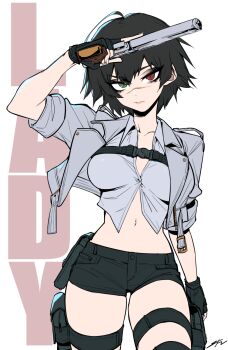 1girl black_gloves black_hair black_shorts breasts character_name chest_belt collared_shirt commentary cowboy_shot devil_may_cry_(series) devil_may_cry_5 english_commentary fingerless_gloves gloves green_eyes gun handgun heterochromia highres holding holding_gun holding_weapon holster j.k. jacket lady_(devil_may_cry) large_breasts looking_at_viewer midriff navel open_clothes open_jacket red_eyes scar scar_on_face shirt short_hair short_shorts shorts signature simple_background solo trigger_discipline weapon white_background white_jacket white_shirt