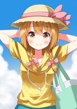 1girl arms_behind_head bag blue_sky blush bow braid brown_hat closed_mouth collarbone commentary day drawstring green_bag hair_bow hat hat_ribbon highres hood hood_down hoodie looking_at_viewer medium_hair natsuki_hinata orange_eyes orange_hair outdoors pink_bow pink_ribbon ribbon ruu_(tksymkw) short_sleeves shoulder_bag sky smile solo straw_hat tonari_no_kyuuketsuki-san twin_braids upper_body yellow_hoodie