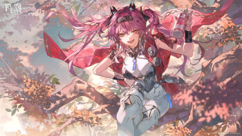 1girl absurdres armlet armor black_bow bow breastplate breasts can collar drink_can earrings hair_bow hairband hand_on_own_hip hand_up highres holding holding_can jewelry large_breasts leaning_forward logo long_hair looking_at_viewer lupa_(wuthering_waves) metal_collar metal_hairband missing_commentary multiple_hair_bows official_art on_branch open_mouth pink_hair red_pupils red_sash sash sitting sitting_on_branch solo tail twintails white_bodystocking wolf_tail wrist_guards wuthering_waves yellow_eyes