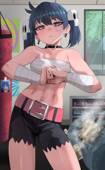 1girl :&lt; bandaged_arm bandages bandaid bandaid_on_cheek bandaid_on_face bare_shoulders belt belt_buckle black_choker black_nails black_shorts blue_hair breasts bright_pupils buckle chest_sarashi choker commentary contrapposto cowboy_shot crossed_bandaids earrings english_commentary fingernails fist_in_hand go!_go!_gris! gris_(go!_go!_gris!) gym hair_ornament highres indoors jewelry ji-yoon_(jourd4n) jourd4n looking_at_viewer nail_polish no_jacket original photo_(object) pink_belt pink_eyes punching_bag sarashi shorts skull_hair_ornament small_breasts solo standing toned twintails white_pupils window