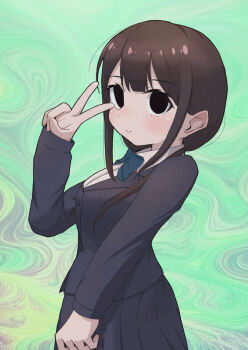 Rule 34 | 1girl, abstract background, black eyes, black jacket, black skirt, blazer, blue bow, blue bowtie, bow, bowtie, brown hair, chirijiri (synthesizer v), commentary request, green background, hand up, highres, jacket, long hair, long sidelocks, school uniform, sidelocks, skirt, standing, v, zetumeee