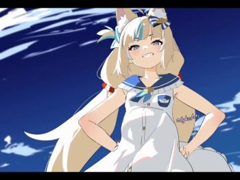 1girl animal_ears animated blonde_hair blue_hair blue_ribbon cat_ears dress groin hair_ribbon indie_virtual_youtuber loli multicolored_hair no_panties out_of_frame pussy_out_of_frame ribbon sameko_saba smile streaked_hair sydus tagme video virtual_youtuber white_dress