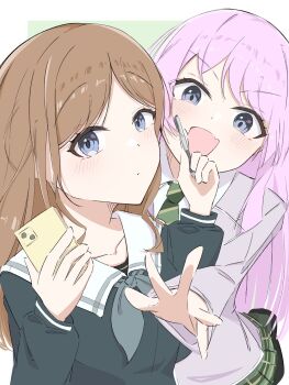 Rule 34 | 2girls, bang dream!, bang dream! it's mygo!!!!!, blue eyes, blue shirt, blush, border, brown hair, cellphone, chihaya anon, commentary, diagonal-striped clothes, diagonal-striped necktie, fang, green necktie, grey eyes, grey jacket, grey neckerchief, haneoka school uniform, highres, holding, holding pen, holding phone, jacket, long hair, melty lubll, multiple girls, nagasaki soyo, neckerchief, necktie, open mouth, outside border, pen, phone, pink hair, school uniform, shirt, sidelocks, skin fang, smartphone, striped clothes, tsukinomori school uniform, white border