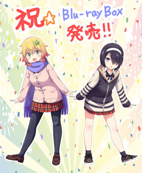 2girls :o black_hair black_sailor_collar black_socks black_thighhighs blonde_hair blue_eyes blue_scarf blush brown_jacket buttons flower full_body gabriel_dropout hair_flower hair_ornament hair_over_one_eye hairband highres jacket kurona_mei multiple_girls official_art open_mouth sailor_collar scarf shirt shoes short_hair skirt socks standing striped_clothes striped_skirt tapris_chisaki_sugarbell thighhighs translation_request ukami white_shirt