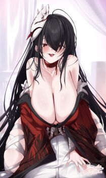 1girl antenna_hair azur_lane black_hair blush breasts choker cleavage dated esto_0079 hair_between_eyes huge_breasts japanese_clothes kimono leaning_forward leg_wrap long_hair mask mask_on_head naughty_face navel neck_ribbon obi off-shoulder_kimono open_mouth red_choker red_eyes red_kimono red_ribbon ribbon sash signature sitting sitting_on_person skindentation smile straddling taihou_(azur_lane) tongue tongue_out very_long_hair