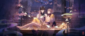 2boys absurdres aqua_eyes aqua_horns arm_support bamboo_screen barefoot black_hair black_sash branch caelus_(honkai:_star_rail) calligraphy calligraphy_brush chinese_clothes chinese_commentary closed_mouth commentary_request crescent_moon crossed_bangs curtains dan_heng_(honkai:_star_rail) dan_heng_(imbibitor_lunae)_(honkai:_star_rail) detached_sleeves dragon_horns earrings eastern_dragon_horns feet folding_screen grey_hair hair_between_eyes hand_up highres holding holding_another's_wrist holding_calligraphy_brush holding_paintbrush honkai:_star_rail honkai_(series) horns incense indoors jewelry lattice legs light_particles long_hair long_sleeves looking_at_another male_focus mandarin_collar moon mountainous_horizon multiple_boys night on_table open_clothes open_robe paintbrush pectoral_cleavage pectorals pointy_ears purple_ribbon railing ribbon robe sang_sha sash scroll shirt short_hair sitting smile table trailblazer_(honkai:_star_rail) white_robe white_shirt wide_sleeves wooden_railing wooden_table yaoi yellow_eyes yellow_robe