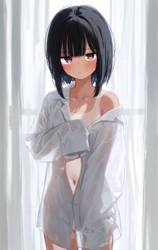 1girl absurdres black_hair blunt_bangs bob_cut bob_cut_girl_(memekko) breasts brown_eyes collarbone collared_shirt commentary_request covering_privates highres long_sleeves looking_at_viewer medium_hair memekko naked_shirt off_shoulder open_clothes original shirt small_breasts tan tanline white_shirt