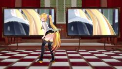 1girl 3d akita_neru animated ass audible_music bent_over black_skirt black_thighhighs blonde_hair blush boots checkered_floor covering_privates covering_ass covering_crotch dancing drone female_focus from_behind from_below from_side full_body gluteal_fold hair_ornament high_heels leaning_forward long_hair looking_at_viewer midriff_peek mikumikudance_(medium) miniskirt monitor multiple_views necktie no_panties onlookers panties panty_pull pleated_skirt pulling_own_clothes side_ponytail skirt sleeveless sound squatting standing static thighhighs thighs uep20 underwear very_long_hair video vocaloid yellow_necktie zettai_ryouiki