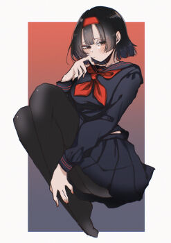 1girl absurdres black_hair black_pantyhose black_sailor_collar black_skirt blunt_bangs blunt_ends blush breasts closed_mouth commentary_request hair_intakes hairband hand_on_own_leg hand_up highres medium_breasts neckerchief no_shoes original pantyhose pleated_skirt red_eyes red_hairband red_neckerchief rinren_(chun8chun8chun) sailor_collar short_hair skirt solo