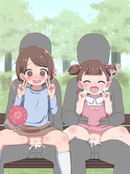 2boys 2girls @_@ bench blue_shirt blunt_bangs blush bow brown_eyes brown_hair brown_skirt censored closed_eyes clothed_sex cross-section cum cum_in_pussy cum_overflow dark_(yakimochi5) defloration dot_nose double_v dress drooling embarrassed eyebrows fertilization girl_on_top hair_bobbles hair_ornament hairclip hands_on_own_hips hands_up happy_sex heart heavy_breathing hetero highres holding impregnation inset loli long_sleeves matching_hair/eyes mosaic_censoring multiple_boys multiple_girls no_panties nose_blush on_lap open_mouth original outdoors ovum park park_bench peace_symbol penis pink_dress public_indecency pussy reverse_cowgirl_position ringed_eyes sex shirt short_hair short_sleeves sitting skirt sky smile socks sperm_cell spread_legs steam straddling sweat torso_grab tree trembling twintails two_side_up v vaginal white_legwear white_shirt white_socks yellow_bow