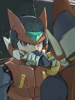 1boy absurdres armor blonde_hair blood blood_on_face broken_mirror forehead_jewel helmet highres long_hair male_focus mega_man_(series) mega_man_zero_(series) mirror omochi_(mochi_skymega) red_armor red_helmet reflection solo upper_body zero(z)_(mega_man) zero_(mega_man)