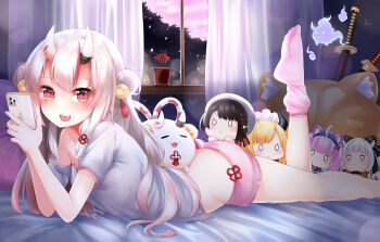 1girl absurdres ass bell blush breasts cellphone character_doll commentary_request curtains doll double_bun fang hair_bell hair_between_eyes hair_bun hair_ornament highres hitodama holding holding_phone hololive horns indoors kaede_haya_(lo0831lo) katana long_hair looking_at_viewer lying minato_aqua multicolored_hair murasaki_shion nakiri_ayame on_bed on_stomach oni oozora_subaru open_mouth phone pink_shorts pink_socks poyoyo_(nakiri_ayame) red_eyes revision shirt short_shorts short_sleeves shorts silver_hair skin-covered_horns small_breasts smartphone smile socks solo sword virtual_youtuber weapon white_shirt window yuzuki_choco