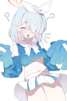 1girl :d ? ^_^ adapted_costume alternate_costume arona_(blue_archive) bikini blue_archive blue_hair blue_shirt blue_sleeves blush bow bowtie braid choker closed_eyes colored_inner_hair commentary cropped_shirt detached_sleeves from_below hair_intakes hair_over_one_eye halo hands_up heart heart_halo highres kanimiso30601 long_sleeves multicolored_hair navel open_mouth panties pantyshot pink_hair pleated_skirt pom_pom_(cheerleading) puffy_long_sleeves puffy_sleeves sailor_collar shirt short_hair single_braid skirt sleeveless sleeveless_shirt smile solo sweatdrop swimsuit symbol-only_commentary triangle_mouth two-tone_skirt underwear white_background white_bikini white_bow white_bowtie white_choker white_panties white_sailor_collar white_skirt