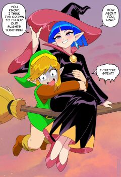1boy 1girl absurdres black_dress blonde_hair blue_hair broom broom_riding brown_shoes commentary dress earrings english_commentary english_text green_hat grin hat highres irene_(zelda) jewelry light_blush link long_dress nico-neko nintendo pointy_ears purple_eyes red_shoes shoes short_hair smile speech_bubble the_legend_of_zelda the_legend_of_zelda:_a_link_between_worlds wide_sleeves witch witch_hat