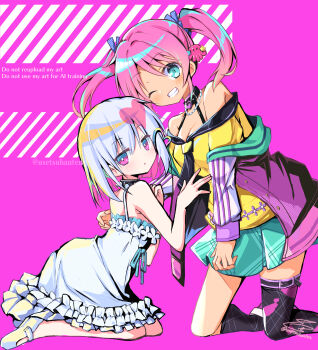 2girls absurdres aqua_hair bare_shoulders dohna_dohna_issho_ni_warui_koto_o_shiyou dress gradient_hair highres jacket kirakira_(dohna_dohna) kneeling looking_at_viewer multicolored_hair multiple_girls off_shoulder one_eye_closed open_clothes open_jacket pink_background pink_eyes pink_hair porno_(dohna_dohna) skirt smile twintails two-tone_hair usetsusakon2 white_hair