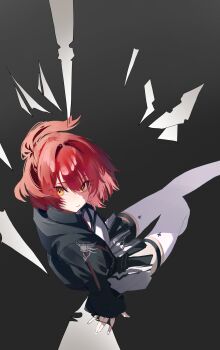 Rule 34 | absurdres, arknights, black jacket, exusiai (arknights), exusiai the new covenant (arknights), grey background, hair between eyes, highres, jacket, looking at viewer, official alternate costume, official alternate hairstyle, open clothes, open jacket, red hair, secondhand9280, thighhighs, thighs, white thighhighs, yellow eyes