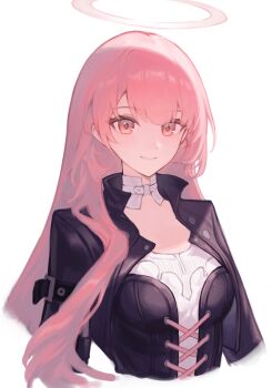 1girl absurdres arknights black_jacket closed_mouth commentary_request cropped_torso halo highres jacket lemuen_(arknights) linkr long_sleeves looking_at_viewer pink_eyes pink_hair pink_halo simple_background smile solo traditional_halo white_background