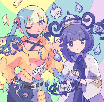 2girls :&lt; ;3 aqua_hair arm_behind_back belt black_hair blonde_hair blue_eyes blue_fire brown_belt canari_(pokemon) chandelure claws closed_eyes closed_mouth commentary_request crop_top cropped_jacket dark-skinned_female dark_skin dot_nose eelektrik eelektross eyelashes fangs fingernails fire gen_5_pokemon gloves gwynn_(pokemon) hat highres holding holding_poke_ball jacket kagami_(tsum_kg) lampent lightning_bolt_symbol litwick long_sleeves mask medium_hair mega_stone midriff mouth_mask multicolored_hair multiple_girls navel neck_ribbon nintendo nostrils one_eye_closed one_eye_covered open_clothes open_jacket pants partially_fingerless_gloves poke_ball pokemon pokemon_(creature) pokemon_legends:_z-a purple_eyes purple_gloves purple_hair ribbon shirt smile split-color_clothes split-color_hair twintails two-tone_pants tynamo waving white_jacket will-o&#039;-the-wisp_(mythology) yellow_eyes yellow_jacket yellow_shirt zipper