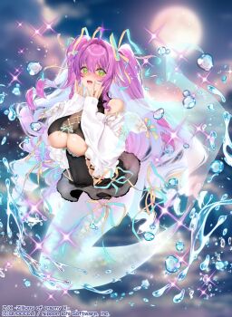 1girl black_shirt breasts copyright_notice curly_hair full_moon ghost green_eyes hair_between_eyes hair_ribbon highres jacket large_breasts long_hair lower_teeth_only mermaid monster_girl moon official_art open_clothes open_jacket open_mouth outdoors pink_hair ribbon see-through_cleavage see-through_clothes shirt solo sparkle teeth tenryuu_yutaka two_side_up underboob water_drop weisuoxin white_jacket yellow_ribbon z/x