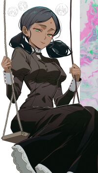 4girls amate_yuzuriha bindi black_hair breasts brown_dress buttons chibi chibi_inset closed_mouth commentary dark-skinned_female dark_skin dress green_eyes gundam gundam_gquuuuuux highres juliet_sleeves kanchana kawachi_rin lalah_sune long_dress long_sleeves looking_at_viewer medium_breasts multiple_girls on_swing parted_bangs puffy_sleeves sitting sleeve_cuffs smile solo_focus swing twintails vani_(gundam)