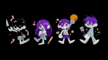 1girl 3boys :d :o absurdres ahoge antenna_hair aqua_dress arm_up aubrey_(headspace)_(omori) aubrey_(omori) bare_arms bare_legs bare_shoulders barefoot baseball_bat black_background black_eyes black_hair black_tank_top bow bright_pupils brothers checkered_clothes checkered_shirt closed_mouth colored_skin commentary_request double-parted_bangs dress empty_eyes expressionless fried_egg frying_pan full_body grey_pants grey_shirt grey_shorts grin hair_behind_ear hair_between_eyes hair_bow heart hector_(omori) hero_(headspace)_(omori) hero_(omori) highres holding holding_knife holding_stuffed_toy jitome kel_(headspace)_(omori) kel_(omori) knife legs_apart long_hair matsutsu1105 medium_dress mr._plantegg_(omori) multiple_boys no_lineart no_pupils omori omori_(omori) open_mouth pants pink_bow pinstripe_pants pinstripe_pattern pinstripe_shirt pinstripe_shorts purple_eyes purple_hair purple_shorts rock shirt short_hair shorts siblings sidelocks simple_background sleeveless sleeveless_shirt smile sparkle standing standing_on_one_leg star_(symbol) straight_hair stuffed_animal stuffed_eggplant stuffed_toy tank_top teeth upper_teeth_only v-shaped_eyebrows v_arms very_long_hair very_short_hair white_pupils white_skin