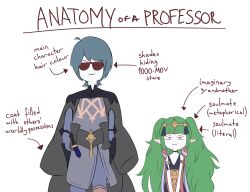 Rule 34 | 1boy, 1girl, :3, absurdres, ahoge, anatomy of a gamer (meme), armor, arrow (symbol), black armor, black cape, blue hair, byleth (fire emblem), byleth (male) (fire emblem), cape, closed mouth, commentary, english commentary, english text, fire emblem, fire emblem: three houses, height difference, highres, long hair, meme, nintendo, pointy ears, short hair, simple background, sothis (fire emblem), sunglasses, twintails, very long hair, white background, zipperqr