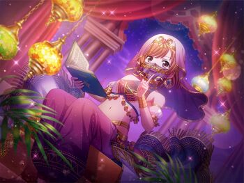 Rule 34 | 1girl, aijou karen, arabian clothes, arabian nights, book, bracer, brown eyes, brown hair, cosplay, detached sleeves, dutch angle, earrings, game cg, hand up, harem outfit, holding, holding book, index finger raised, jewelry, lamp, looking at viewer, mouth veil, navel, official art, open book, pants, parted lips, plant, puffy detached sleeves, puffy sleeves, purple pants, scheherazade (arabian nights), scheherazade (arabian nights) (cosplay), see-through clothes, see-through veil, short hair, shoujo kageki revue starlight, shoujo kageki revue starlight -re live-, sitting, solo, stomach, upper body, veil, white veil