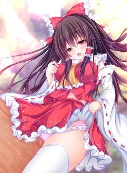 1girl ascot blush bow box brown_hair commentary_request crotch_rub detached_sleeves donation_box female_masturbation frilled_bow frilled_hair_tubes frilled_skirt frills hair_bow hair_tubes hakurei_reimu long_hair manma_(manmamia) masturbation nipple_stimulation open_mouth panties pink_panties pussy_juice red_bow red_eyes red_skirt ribbon-trimmed_sleeves ribbon_trim skirt skirt_set solo table_humping thighhighs touhou underwear very_long_hair white_thighhighs yellow_ascot