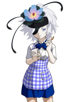 Rule 34 | 1girl, apron, bandabekken, black headband, blue apron, blue bow, blue bowtie, blue eyes, blue flower, blue skirt, bow, bowtie, closed mouth, colored eyelashes, cowboy shot, eyepatch, flamie speeddraw, flower, frown, gingham apron, gingham clothes, hair flower, hair ornament, hands up, headband, holding, holding notepad, holding pen, kobeya uniform, looking at viewer, notepad, one eye covered, pale skin, pen, rokka no yuusha, shirt, short hair, skirt, solo, standing, waitress, white hair, white shirt