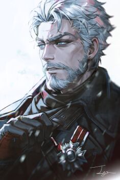 Rule 34 | 1boy, absurdres, badge, beard, black gloves, black jacket, blue eyes, brown scarf, commentary, connected beard, english commentary, facial hair, gloves, hair slicked back, highres, igor (reverse:1999), jacket, male focus, mature male, musae 001, old, old man, portrait, reverse:1999, scar, scar across eyebrow, scar on face, scarf, short hair, simple background, solo, white background, white hair