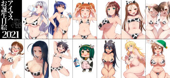 2021 6+girls :d :o @_@ ^_^ absurdres ahoge akizuki_ritsuko amami_haruka animal_print antenna_hair arm_behind_head armpits bikini bikini_pull black-framed_eyewear black_hair black_horns blonde_hair blue_eyes blue_hair blunt_bangs blush bottle braid breasts brown_eyes brown_hair christmas clenched_hand clenched_teeth closed_eyes closed_mouth clothes_pull collarbone commentary_request cow_horns cow_print dated double_v drinking eyes_visible_through_hair fang fangs flat_chest frown futami_ami futami_mami ganaha_hibiki glasses green_eyes green_headwear hagiwara_yukiho hair_between_eyes hair_ribbon hairband hand_on_own_hip happy_birthday hat highres holding holding_bottle horns hoshii_miki idolmaster idolmaster_(classic) kikuchi_makoto kisaragi_chihaya kneeling konboi-eg large_breasts legs long_hair looking_at_viewer medium_breasts milk milk_bottle minase_iori miura_azusa multiple_girls navel open_mouth orange_eyes ponytail print_bikini print_hairband purple_eyes red_eyes red_ribbon ribbon round_teeth santa_hat shijou_takane short_hair siblings side-tie_bikini_bottom side_ponytail silver_hair simple_background sisters sitting small_breasts smile standing standing_on_one_leg sweatdrop swimsuit takatsuki_yayoi teeth thighs twin_braids twins twintails upper_body upper_teeth_only v white_background white_bikini white_hairband yellow_eyes