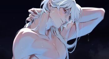 1boy a_date_with_death aegyo_sal blush casper_(a_date_with_death) hair_over_shoulder head_tilt highres jellyfish_cut looking_at_viewer male_focus muscular muscular_male official_art paid_reward_available pectorals promotional_art red_eyes scratching_neck smirk solo sweatdrop underlighting upper_body white_hair