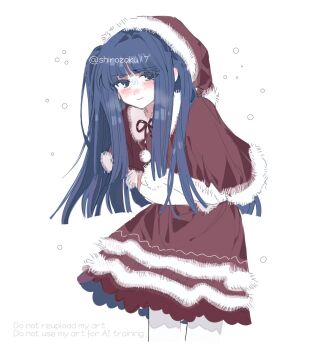 Rule 34 | 1girl, blue eyes, blue hair, blush, capelet, commentary request, fur-trimmed capelet, fur trim, furudo erika, hat, highres, long hair, looking at viewer, pom pom (clothes), red capelet, red hat, red skirt, santa hat, shirozakura, simple background, skirt, smile, snowing, solo, twintails, twitter username, umineko no naku koro ni, white background
