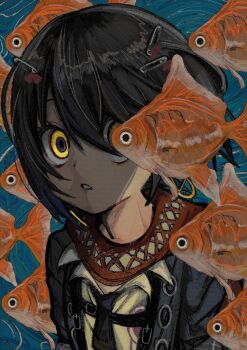 1boy black_necktie blue_jacket bob_cut chest_harness commentary earrings fish goldfish hair_between_eyes harness highres hoop_earrings jacket jewelry l3memc358 looking_at_viewer male_focus mashiro_meme mashiro_meme_(1st_costume) necktie nijisanji open_clothes open_jacket parted_lips red_scarf safety_pin safety_pin_hair_ornament scarf short_hair solo symbol-only_commentary two_side_up upper_body virtual_youtuber yellow_eyes