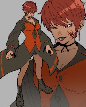 1girl bentaecool breasts brown_eyes brown_hair dark-skinned_female dark_skin dress female_focus formal_clothes large_breasts shoes skirt smile standing suit taedaartist tan the_king_of_fighters thighs vice_(kof) wide_hips