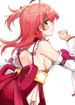 1girl ahoge ass bare_shoulders bareback blush bow breasts closed_mouth detached_sleeves floral_print frills from_side green_eyes hair_between_eyes hair_ornament halterneck hololive japanese_clothes kimono long_hair long_sleeves looking_at_viewer looking_to_the_side nishizawa nontraditional_miko obi one_side_up panties pink_hair red_bow red_ribbon ribbon sakura_miko sakura_miko_(1st_costume) sash side-tie_panties sideboob simple_background smile solo underwear virtual_youtuber white_background