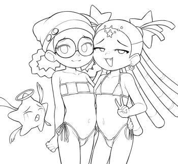 2girls :3 aika_(kiana_mai) bare_shoulders beanie bikini collarbone cowboy_shot dreadlocks earrings eyepatch_bikini fang female_focus flat_chest glasses hair_rings hand_on_another's_waist hat highleg highleg_bikini hoop_earrings i_don't_want_to_be_a_magical_girl jewelry loli long_hair looking_at_viewer micro_bikini monochrome multiple_girls navel open_mouth round_eyewear short_hair side side-tie_bikini_bottom standing star_(symbol) strapless strapless_bikini swimsuit thighs tiara very_long_hair yep_melon zira_(kiana_mai)