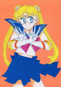 1990s_(style) 1girl absurdres artbook bishoujo_senshi_sailor_moon blonde_hair blue_eyes blue_sailor_collar blue_skirt bow choker circlet concept_art cowboy_shot crescent double_bun earrings elbow_gloves emphasis_lines gloves hair_bun hair_ornament hairpods highres incredibly_absurdres jewelry long_hair magical_girl mask midriff navel non-web_source pleated_skirt red_bow retro_artstyle sailor_collar sailor_moon sailor_moon_(prototype) scan skirt solo takeuchi_naoko tsukino_usagi twintails v white_gloves