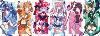 6+girls absurdres akatsuki_kirika armpits ass blonde_hair blue_eyes blue_gloves blue_hair blue_leotard blue_panties blush boots border bracelet breasts brown_eyes brown_hair brown_shirt brown_shorts cleavage closed_mouth dagger egasumi elbow_gloves eyebrows_hidden_by_hair eyelashes gauntlets gloves gluteal_fold gradient_background green_background green_eyes green_leotard green_theme gun hair_between_eyes hairband hibun_tsukasa highres holding holding_dagger holding_gun holding_knife holding_scythe holding_toy holding_weapon jewelry kazanari_tsubasa knife large_breasts leotard long_hair looking_at_viewer looking_back maria_cadenzavna_eve medium_hair multiple_girls navel open_mouth panties pink_eyes pink_hair pink_skirt purple_eyes scythe senki_zesshou_symphogear shadow shirt short_hair shorts showgirl_skirt signature simple_background skin_tight skirt small_breasts smile solo sparkle striped_clothes striped_panties tachibana_hibiki_(symphogear) thigh_gap thighhighs toy tsukuyomi_shirabe underwear v very_long_hair weapon white_background white_border white_gloves white_hairband white_leotard white_thighhighs yo-yo yukine_chris